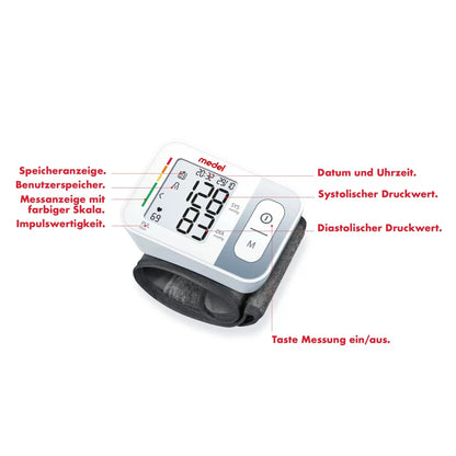 Ένα πιεσόμετρο καρπού Medel Quick από την Beurer GmbH με ετικετοποιημένες λειτουργίες συμπεριλαμβανομένης της ένδειξης μνήμης, μνήμης χρήστη, έγχρωμης κλίμακας, αποτελεσματικότητας παλμών, ημερομηνίας και ώρας, τιμών συστολικής και διαστολικής πίεσης και λειτουργίας ενεργοποίησης/απενεργοποίησης.