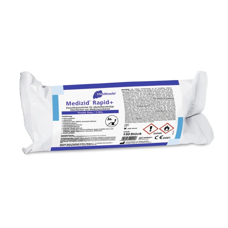 Συσκευασία Meditrade Medizid® Rapid+ Desinfektionstücher σε λευκή-μπλε πλαστική συσκευασία με ετικέτες και πληροφορίες ασφαλείας στα γερμανικά. Περιέχει 150 μαντηλάκια.