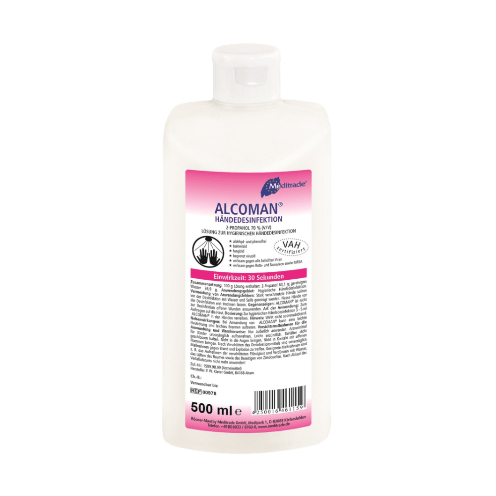 Ένα λευκό πλαστικό μπουκάλι 500 ml Meditrade Alcoman® απολυμαντικό χεριών της Meditrade GmbH με ροζ-λευκή ετικέτα, στην οποία αναγράφονται πληροφορίες προϊόντος, οδηγίες χρήσης, όγκος 500 ml και ιοκτόνος δράση κατά του MRSA.