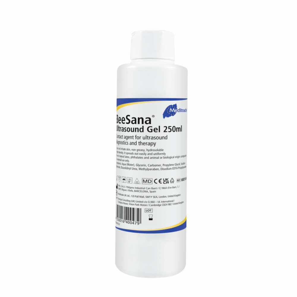 Ένα μπουκάλι Meditrade BeeSana® Ultraschallgel, 250 ml, χαρακτηρισμένο ως λιπαντικό για διαδικασίες υπερήχων. Η ετικέτα περιέχει λεπτομέρειες προϊόντος και σύμβολα για συμμόρφωση με τις νομικές απαιτήσεις.