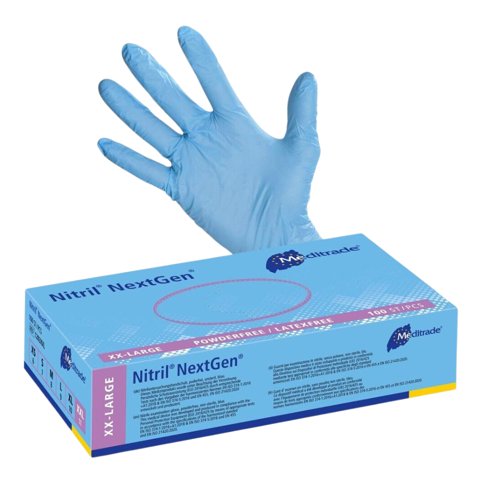 Ein blauer Nitrilhandschuh ist über einer Box mit der Aufschrift „Meditrade Nitril Handschuhe NextGen®“ abgebildet, die von der Meditrade GmbH bereitgestellt wird. Die XXL-Box enthält 100 Handschuhe, jeder davon ist puderfrei und latexfrei.