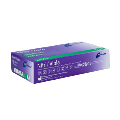Ένα κουτί Meditrade Nitril® Viola γάντια νιτριλίου χρώματος μοβ, μέγεθος L, σε μια μοβ-λευκή συσκευασία. Οι σημάνσεις περιλαμβάνουν το σύμβολο CE και άλλες ιατρικές πιστοποιήσεις της Meditrade GmbH.
