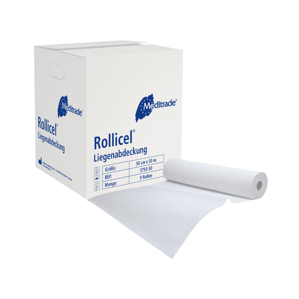 Ένα λευκό κουτί με Meditrade Rollicel® ιατρικό χαρτί / ρολό, 39 - 59 cm x 50 m, 2-στρώσεων της μάρκας Meditrade GmbH, απεικονίζεται με ένα φύλλο που ξετυλίγεται από το κουτί. Οι λεπτομέρειες του κουτιού περιλαμβάνουν το μέγεθος και την ποσότητα του προϊόντος. Αυτό το προϊόν είναι επίσης γνωστό ως