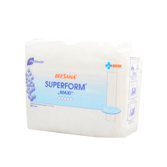 Ένα πακέτο Meditrade Superform® Maxi Inkontinenzvorlage (20 τεμάχια) της Meditrade GmbH απεικονίζεται σε λευκή συσκευασία με μπλε κείμενο και γραφικά σταγόνων. Οι οδηγίες χρήσης είναι εκτυπωμένες στο πλάι.