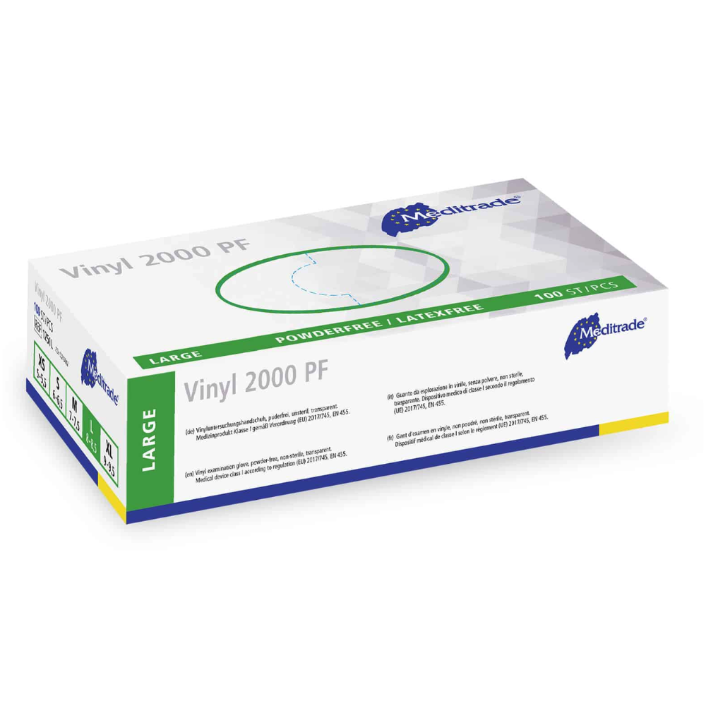 Ένα κουτί Meditrade Vinyl 2000 PF γάντια μίας χρήσης από βινύλιο, ιατρικά γάντια της Meditrade GmbH, περιέχει 100 γάντια βινυλίου χωρίς πούδρα και λάτεξ, απεικονισμένα σε λευκό φόντο.