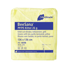 Eine Packung Meditrade BeeSana® PP/PE-Kittel XL, 26 g von Meditrade GmbH, Größe 136 x 136 cm, enthält 10 gelbe wasserdichte Schutzkittel mit Bindeband. Hersteller- und Produktangaben sind auf der Verpackung aufgeführt.