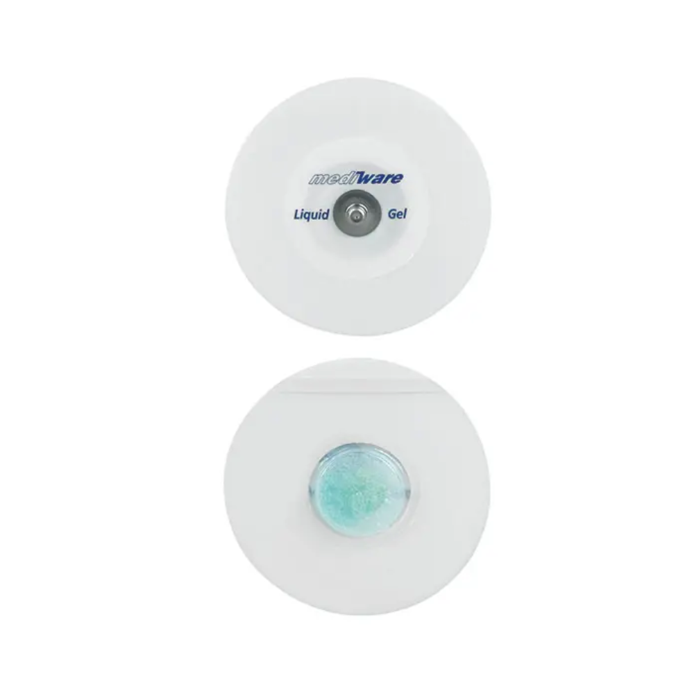 Η εικόνα δείχνει δύο στρογγυλά ηλεκτρόδια από αφρώδες υλικό. Το επάνω ηλεκτρόδιο φέρει την επιγραφή «Servoprax GmbH», που υποδεικνύει την τεχνολογία Liquid-Gel. Το κάτω ηλεκτρόδιο έχει ένα ορατό μπλε-πράσινο κέντρο γέλης. Και τα δύο είναι κατασκευασμένα για ιατρική χρήση και είναι εξοπλισμένα με σύνδεση με κουμπί για εύκολη εφαρμογή.