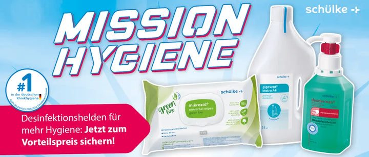 Banner für die Werbung von Schülke mit dem Titel 'MISSION HYGIENE'. Das Banner zeigt Desinfektionsprodukte, darunter Mikrozid Feuchttücher, Desinfektionsmittel in einer Flasche und Handdesinfektionsmittel. Der Slogan lautet 'Desinfektionshelden für mehr Hygiene: Jetzt zum Vorteilspreis sichern!' und der Hinweis auf die Marktführerschaft von Schülke in der deutschen Klinikhygiene wird angezeigt.