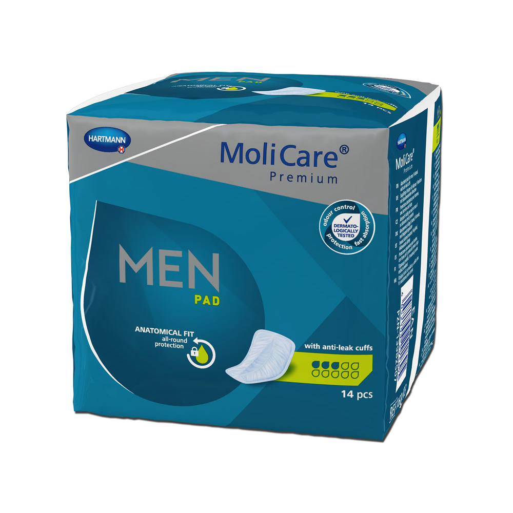 Ένα κουτί Hartmann MoliCare® Premium MEN PAD Einlage - 14 τεμάχια, με ανατομική εφαρμογή και αντιδιαρροϊκά περιβραχιόνια. Η συσκευασία είναι κυρίως μπλε και περιέχει πληροφορίες και εικόνες προϊόντος.
