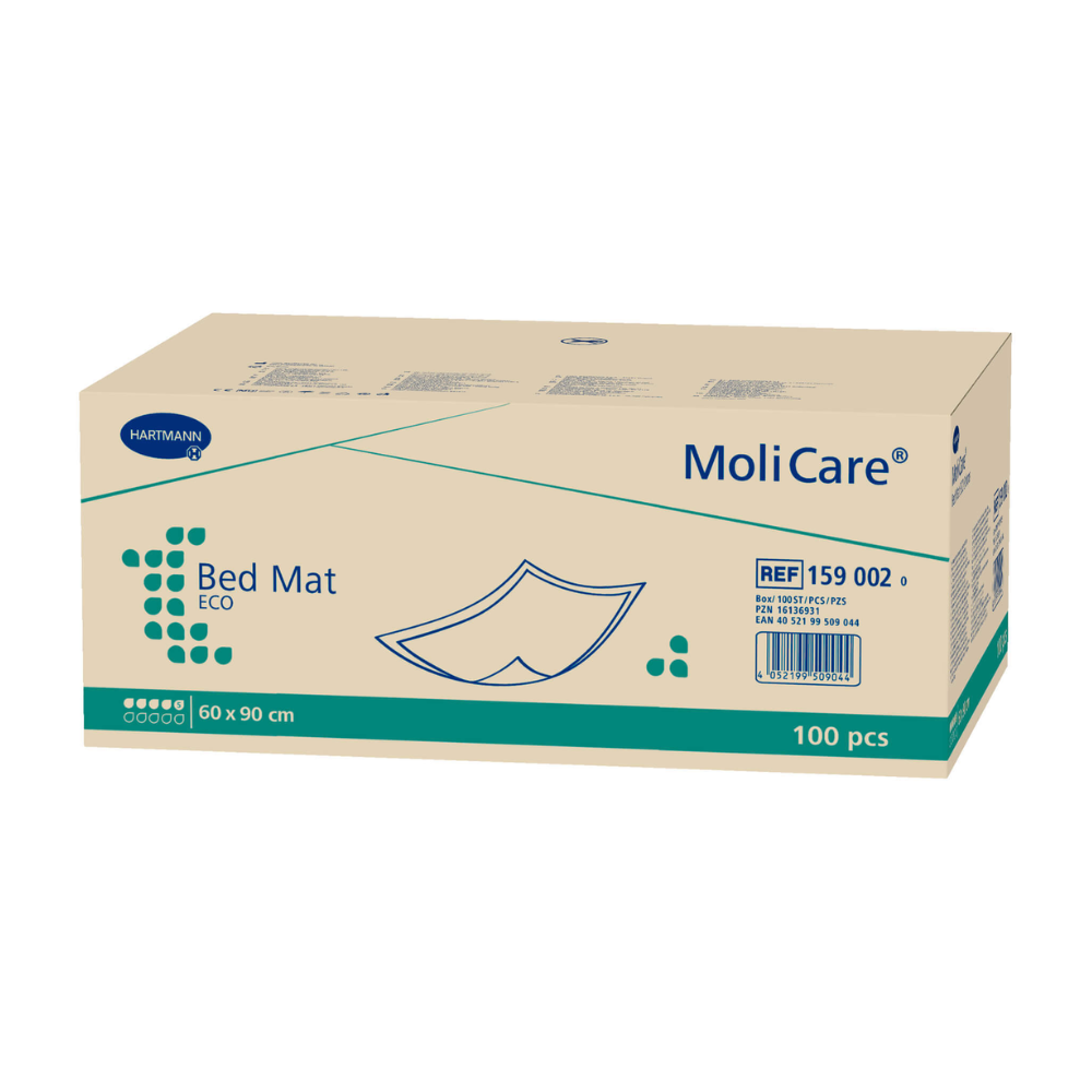 Ένα κουτί με MoliCare® Bed Mat ECO υποστρώματα προστασίας κρεβατιού της Paul Hartmann AG, με επιγραφή μεγέθους προϊόντος 60 x 90 cm και ποσότητα 100 κομμάτια. Η συσκευασία είναι μπεζ με μπλε-πράσινες λεπτομέρειες και περιέχει αριθμό αναφοράς.