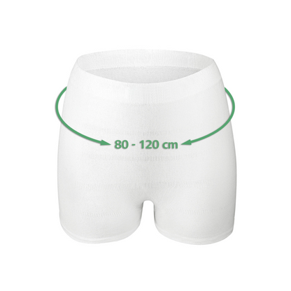 Die Paul Hartmann AG Hartmann MoliCare® Premium Fixpants, Netzhose (25 Stück), sind als weiße elastische Shorts mit einem grünen Pfeil abgebildet, der ihren verstellbaren Taillenumfang von 80 bis 120 cm anzeigt, perfekt für den sicheren Halt von Inkontinenzeinlagen.