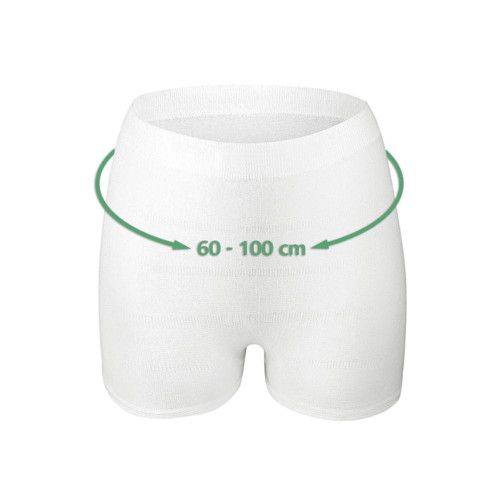 Die Hartmann MoliCare® Premium Fixpants aus weißem Netzgewebe von Paul Hartmann AG ist mit einem grünen Pfeil gekennzeichnet, der einen Taillenumfang von 60–100 cm anzeigt und sich perfekt für den sicheren Halt von Inkontinenzeinlagen eignet.