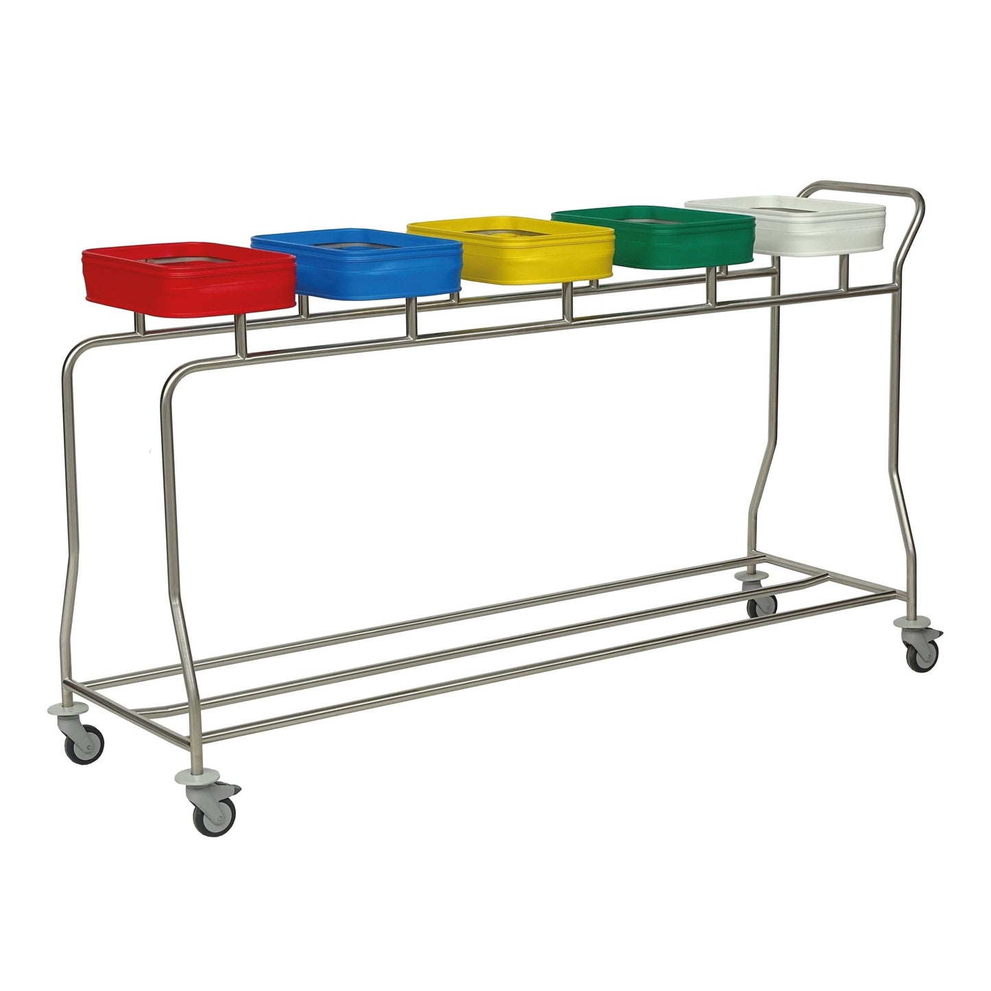 Ο Novocal Edelstahl-Wäschesammler "Kompakt plus" είναι ένα εξοικονομητικό χώρο καρότσι συλλογής πέντε διαμερισμάτων με πέντε έγχρωμα καπάκια, τέσσερις ρόδες και λαβή για άνετη μεταφορά.