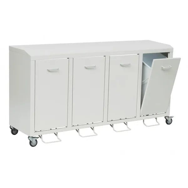 Το Novocal Wertstoffschrank Serie 3000 Vierfachsammler είναι ένα λευκός, σε ρόδες τοποθετημένος χαλύβδινος ντουλάπι με τέσσερις πόρτες με πεντάλ ποδιού. Μια ανοιχτή πόρτα αποκαλύπτει τον κάδο και επιτρέπει έτσι έναν εύκολο διαχωρισμό απορριμμάτων. Μάρκα: Novocal. Υλικό: επικαλυμμένο με πλαστικό χαλύβδινο φύλλο.