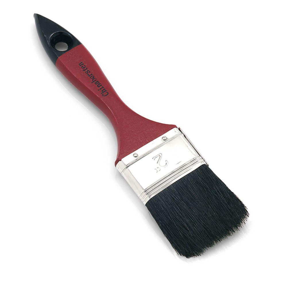 Το Nölle Profi Brush Flachpinsel 5 διαθέτει μια κόκκινη λαβή με μαύρο μείγμα τριχών, ένα λευκό μεταλλικό σφιγκτήρα με την επιγραφή «2» και μια τρύπα για κρέμασμα.
