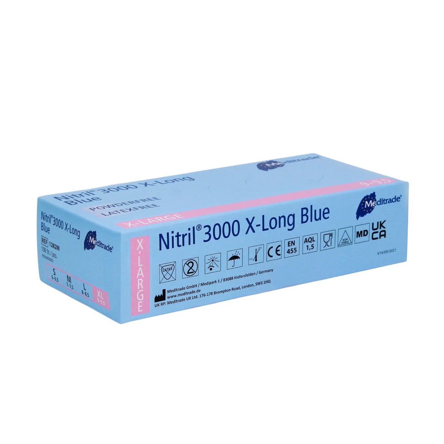 Ένα κουτί Meditrade Nitril® 3000 X-Long 100 τεμ. Νιτριλίου γάντια επιμήκη, μπλε, απεικονίζεται σε λευκό φόντο. Η συσκευασία είναι μπλε με λευκό κείμενο με πληροφορίες προϊόντος.