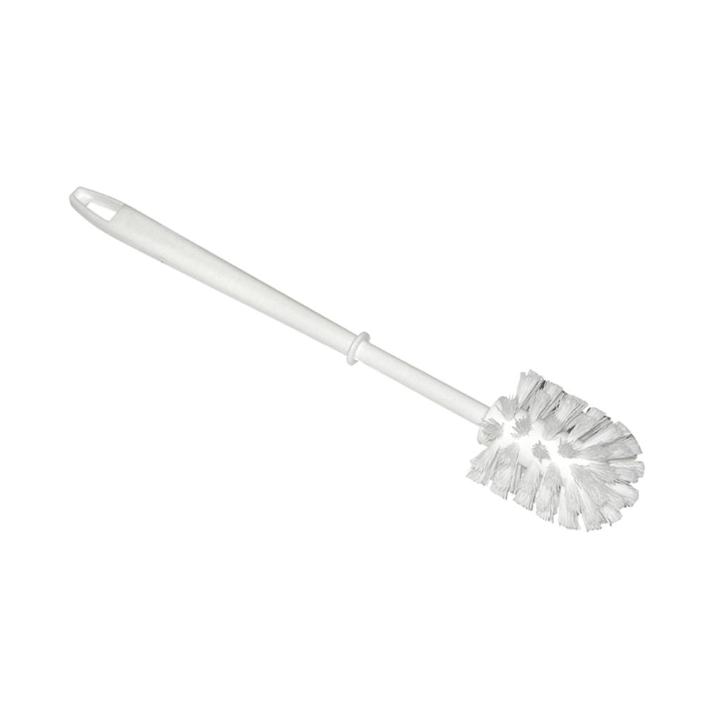 Η βούρτσα τουαλέτας Nölle Profi Brush, Λευκή (1 τεμάχιο) από την Nölle Profi Brush Bürsten- & Pinseltechnik e.K. διαθέτει ένα λευκό πλαστικό σχέδιο με μακρύ χερούλι και πυκνές τρίχες PPN, που παρουσιάζεται μπροστά από ένα απλό λευκό φόντο.