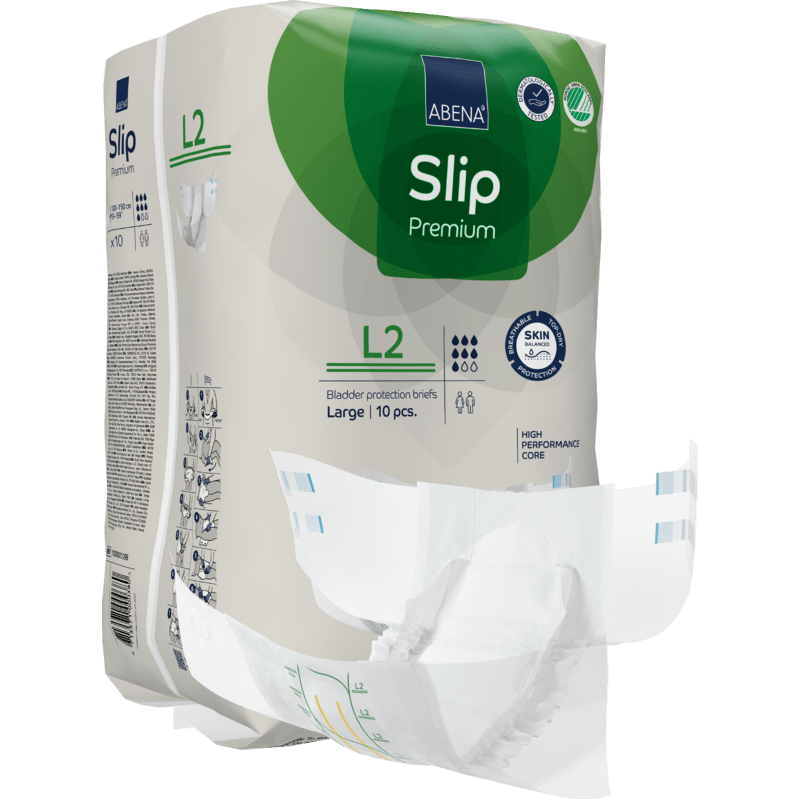 Μια συσκευασία ABENA Slip Premium Inkontinenzslips της Abena Re-Seller GmbH, μέγεθος Large (L2), περιέχει 10 τεμάχια. Ένα slip είναι μερικώς εκτός της συσκευασίας για να δείξει τον σχεδιασμό και την εσωτερική επένδυση.