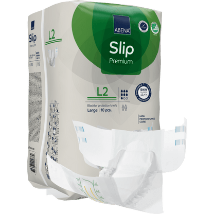 Μια συσκευασία ABENA Slip Premium Inkontinenzslips της Abena Re-Seller GmbH, μέγεθος Large (L2), περιέχει 10 τεμάχια. Ένα slip είναι μερικώς εκτός της συσκευασίας για να δείξει τον σχεδιασμό και την εσωτερική επένδυση.