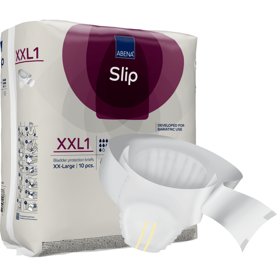 Μια συσκευασία με την επιγραφή "ABENA Slip Premium" από την Abena Re-Seller GmbH δείχνει μια πάνα μιας χρήσης για αποτελεσματική φροντίδα, που διακρίνεται για το απορροφητικό της κέντρο, τις ασφαλείς αυτοκόλλητες ταινίες και το σχεδιασμό κατάλληλο για βαριατρική χρήση.