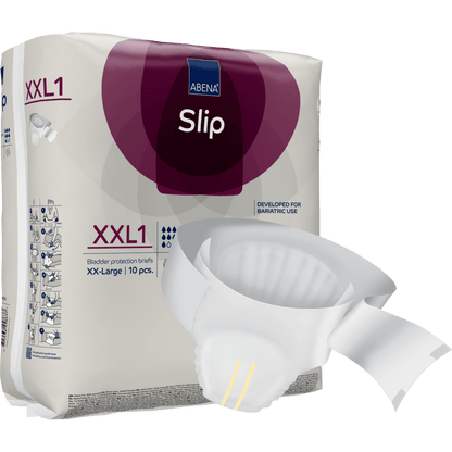 Μια συσκευασία με την επιγραφή "ABENA Slip Premium" από την Abena Re-Seller GmbH δείχνει μια πάνα μιας χρήσης για αποτελεσματική φροντίδα, που διακρίνεται για το απορροφητικό της κέντρο, τις ασφαλείς αυτοκόλλητες ταινίες και το σχεδιασμό κατάλληλο για βαριατρική χρήση.