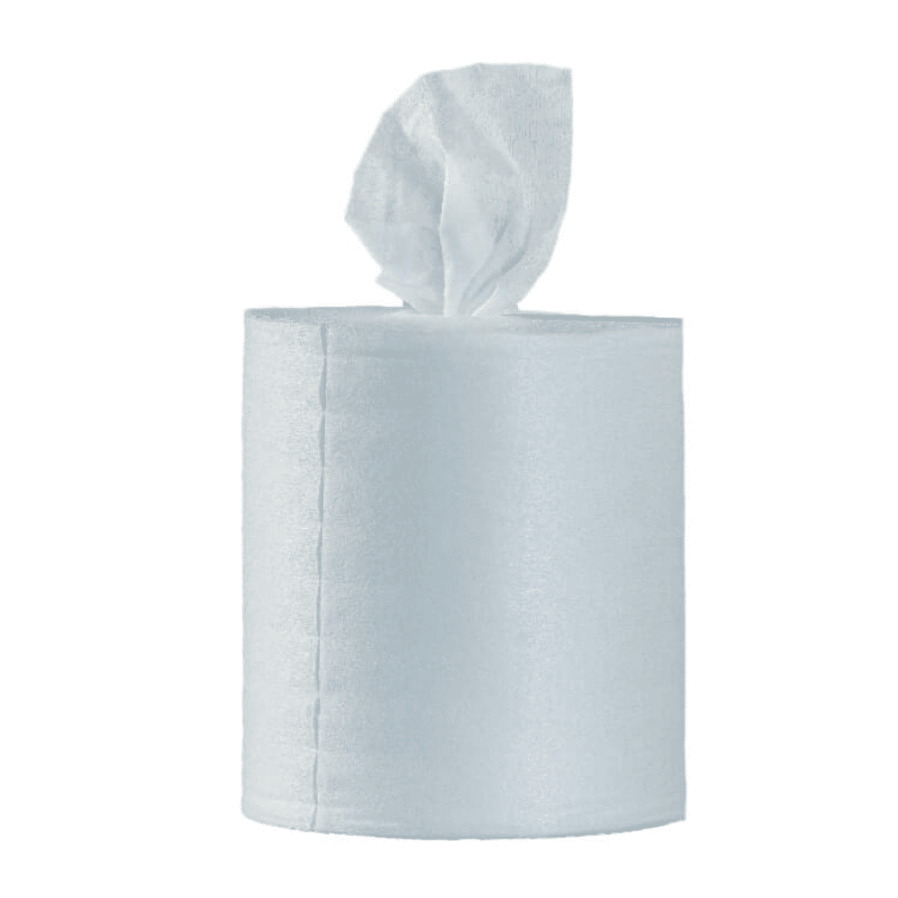 Ένας ρόλος Optimum11 BestWipes υγρά απολυμαντικά μαντηλάκια με ένα μεμονωμένο φύλλο, εν μέρει ξετυλιγμένο από πάνω, βρίσκεται κομψά μπροστά από ένα απλό, λευκό φόντο. Το άψογο λευκό χρώμα υπογραμμίζει την καθαρότητα και την καθαριότητα και τα καθιστά την ιδανική επιλογή για τη διατήρηση της υγιεινής.