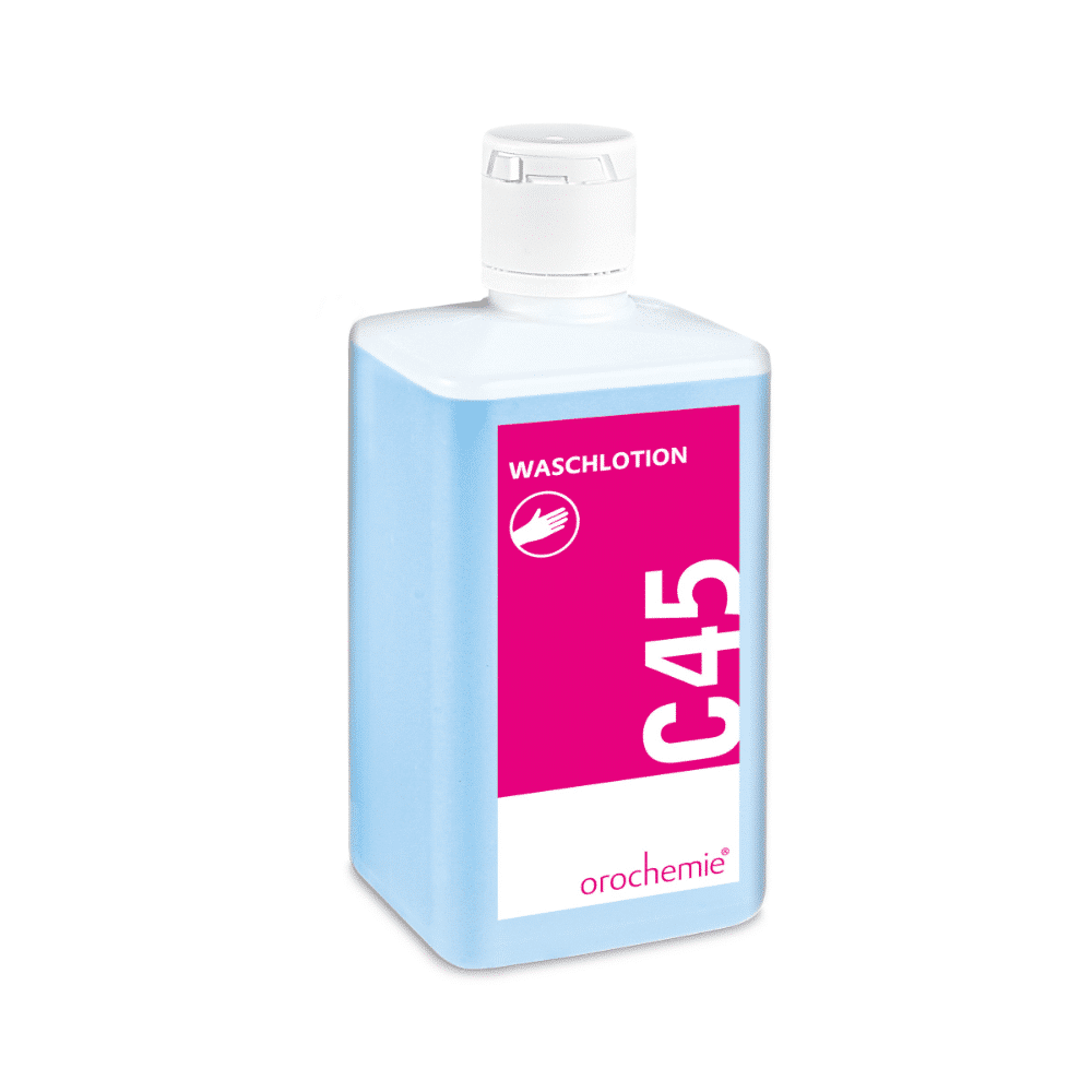 Ορθογώνιο μπουκάλι 500 ml Orochemie C 45 ήπιας λοσιόν πλύσης της εταιρείας orochemie GmbH + Co KG με λευκό καπάκι, μπλε υγρό και λευκή/ροζ ετικέτα με την επιγραφή "pH-ουδέτερο για το δέρμα" και σύμβολο πλυσίματος χεριών.