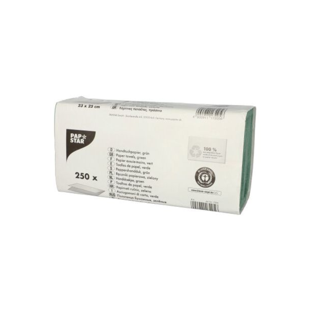 Dieses Set aus 250 grünen, umweltfreundlichen Papierservietten der PAPSTAR GmbH aus Recycling-Krepppapier hat die Maße 25 x 23 cm. Die Verpackung präsentiert Produktdetails und das ikonische PAPSTAR-Logo und garantiert Qualität und Nachhaltigkeit bei jeder Verwendung.