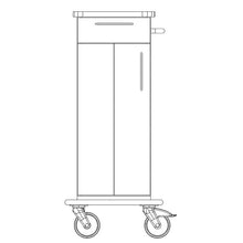 Schwarz-weiße Strichzeichnung eines Novocal Pflege- und Arbeitswagen Fahrgestells (1 Stück, Vollkunststoffplatt), mit zwei großen Rädern, Vordertüren, Griff auf der rechten Seite und flacher Oberseite. Marke: Novocal.