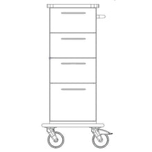 Strichzeichnung eines hohen, rechteckigen Novocal Pflege- und Arbeitswagen Fahrgestells mit drei horizontalen Schubladen, Griff an der rechten Seite und zwei großen Rädern am Boden, von vorne gesehen. Marke: Novocal.