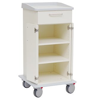 Το καρότσι φροντίδας και εργασίας Novocal έχει λευκό σχεδιασμό με τέσσερις τροχούς, ένα πάνω συρτάρι με λαβή, ένα κάτω ντουλάπι με δύο ανοιχτές πόρτες που αποκαλύπτουν ρυθμιζόμενα ράφια και μια ανθεκτική πλήρως πλαστική πλάκα.