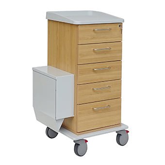 Το καροτσάκι φροντίδας και εργασίας Novocal διαθέτει πλαίσιο από πλήρες πλαστικό, επιφάνεια από ξύλο, πέντε συρτάρια με μεταλλικές λαβές, ένα κλειδωμένο πάνω συρτάρι, ένα λευκό πλευρικό κουτί και τέσσερις περιστρεφόμενους τροχούς για εύκολη κινητικότητα.