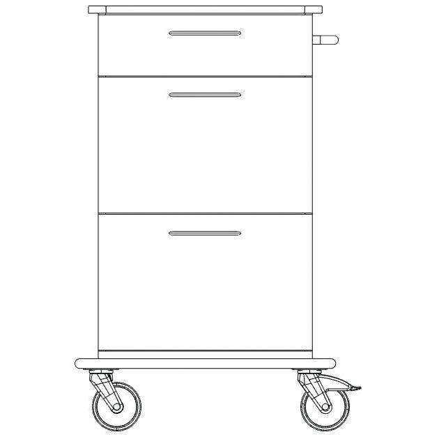 Eine Strichzeichnung des Novocal Pflege- und Arbeitswagens zeigt ein Gerät mit drei Schubladen, einem Griff auf der rechten Seite und zwei großen Rädern, ideal für den Transport oder die Lagerung von Gegenständen in Pflegeeinrichtungen.