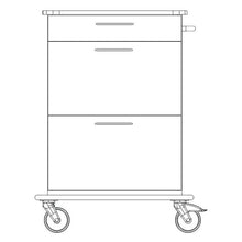 Frontansicht des Novocal Pflege- und Arbeitswagens: mit zwei großen Schubladen, einer kleinen Schublade, Vollkunststoffplattform, vier Lenkrollen und einem Griff auf der rechten Seite.