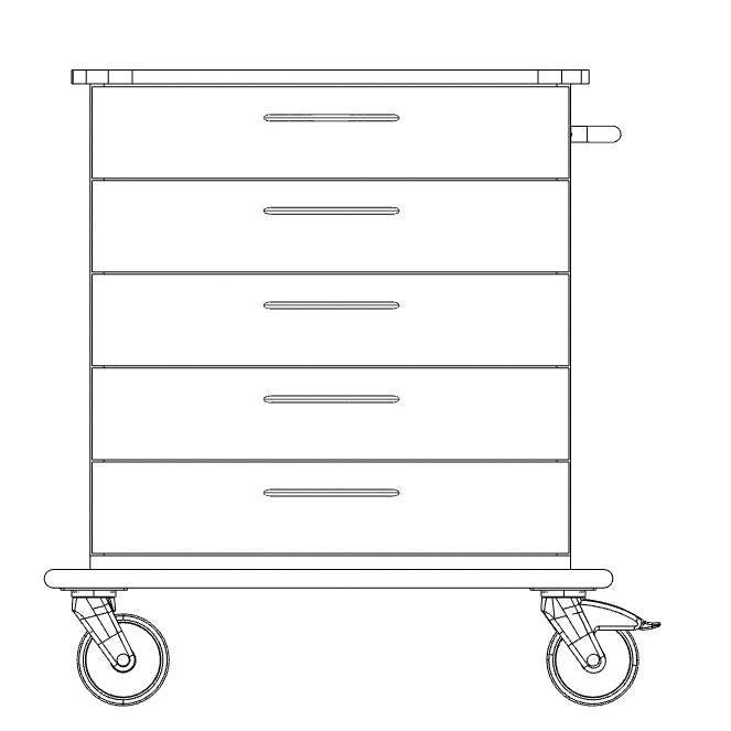 Μπροστινή όψη σχεδίου γραμμής του πλαισίου καροτσιού φροντίδας και εργασίας Novocal με τέσσερα συρτάρια, λαβές σε κάθε συρτάρι, δύο μεγάλους μπροστινούς τροχούς και δύο μικρότερους πίσω τροχούς. Μάρκα: Novocal. Συσκευασία: 1 τεμάχιο.