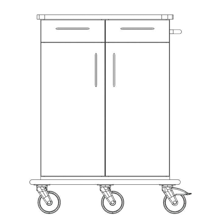 Μία γραμμική απεικόνιση του Novocal Pflege- und Arbeitswagen πλαισίου από την Novocal δείχνει ένα καρότσι με δύο μεγάλες πόρτες, δύο συρτάρια, μία λαβή στη δεξιά πλευρά και τέσσερις περιστρεφόμενους τροχούς - ιδανικό για αποθήκευση ή μεταφορά.