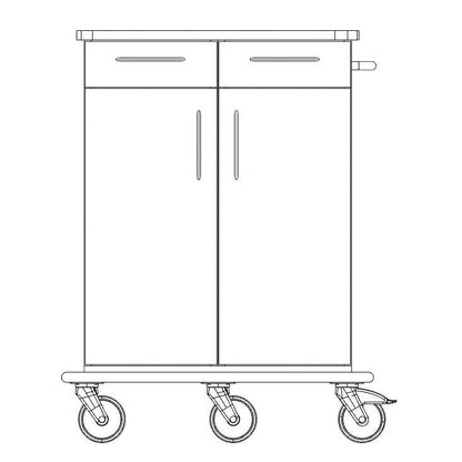 Μία γραμμική απεικόνιση του Novocal Pflege- und Arbeitswagen πλαισίου από την Novocal δείχνει ένα καρότσι με δύο μεγάλες πόρτες, δύο συρτάρια, μία λαβή στη δεξιά πλευρά και τέσσερις περιστρεφόμενους τροχούς - ιδανικό για αποθήκευση ή μεταφορά.