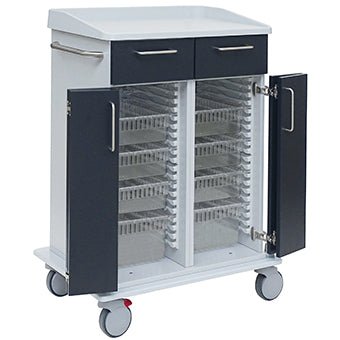 Το Novocal Pflege- und Arbeitswagen διαθέτει ένα ανθεκτικό πλαίσιο από πλήρες πλαστικό, δύο άνω συρτάρια, ανοιχτές διπλές πόρτες με διαφανή ράφια στο εσωτερικό καθώς και τέσσερις τροχούς για εύκολη κινητικότητα.