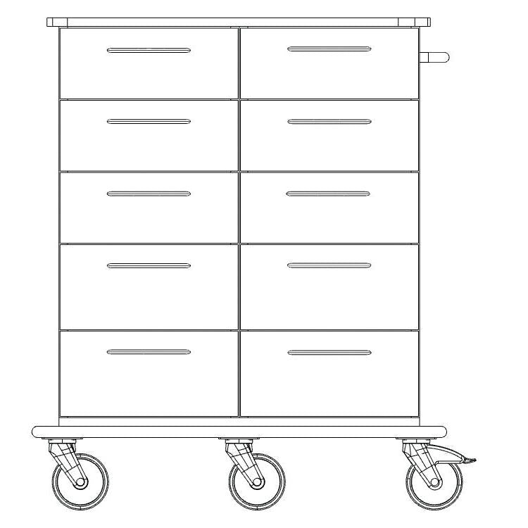 Προβολή από μπροστά σχεδίου γραμμής ενός καροτσιού φροντίδας και εργασίας Novocal με οκτώ συρτάρια, επίπεδη πλάκα, πλευρική λαβή και τέσσερις περιστρεφόμενους τροχούς σε ένα συνεχές πλαίσιο μεταφοράς από πλήρες πλαστικό. Μάρκα: Novocal. Συσκευασία: 1 τεμάχιο.