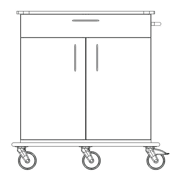 Μαύρο-λευκό σχέδιο γραμμής του καροτσιού φροντίδας και εργασίας Novocal με πλήρως πλαστική βάση, ανώτερο συρτάρι, δύο κάτω πόρτες, λαβή στη δεξιά πλευρά και τέσσερις περιστρεφόμενους τροχούς (ένας από αυτούς με φρένο). Μάρκα: Novocal. 1 τεμάχιο ανά συσκευασία.