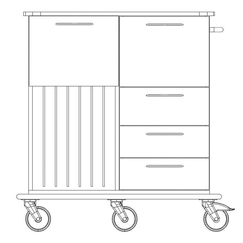 Schwarz-weiße Strichzeichnung des Novocal Pflege- und Arbeitswagens: vier Räder, drei rechte Schubladen, linker Schrank mit vertikalen Lamellen, geräumiges Fach für den Transport von Arbeitsmaterialien und ein Griff auf der rechten Seite. Marke: Novocal.