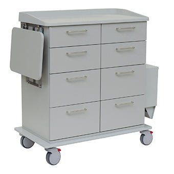 Το Novocal Pflege- und Arbeitswagen είναι εξοπλισμένο με ανθεκτικό πλήρες πλαστικό, οκτώ συρτάρια, μια αναδιπλούμενη πλευρική επιφάνεια, ένα πλευρικό τμήμα και τέσσερις περιστρεφόμενους τροχούς (δύο με κόκκινα φρένα) - ιδανικό για την αποτελεσματική αποθήκευση ιατρικού υλικού.