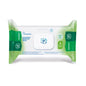 Μια συσκευασία Dr. Schumacher Descosept Sensitive Wipes BIO (100 μαντηλάκια) της Dr. Schumacher GmbH έχει πράσινη-λευκή συσκευασία με το όνομα του προϊόντος, σύμβολα και μια κεντρική πλαστική άνοιξη για την αφαίρεση αυτών των βιοδιασπώμενων μαντηλιών.