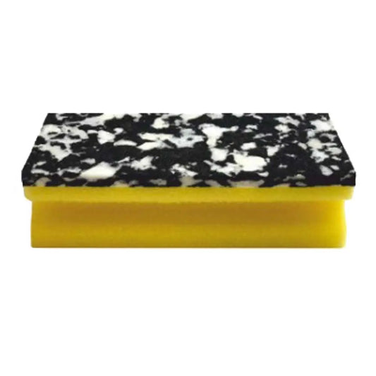 Das Arcora PU-PAD SCHWAMM (150 x 70 x 45 mm) der Arcora International GmbH hat eine rechteckige gelbe PU-Basis und eine schwarz-weiß gesprenkelte Scheuerfläche auf weißem Hintergrund.