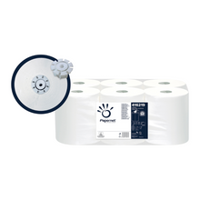 Ένα κουτί με έξι Papernet ρολά χειροπετσέτας Autocut Captive της Sofidel Germany GmbH, τυλιγμένο με διαφανές πλαστικό. Η ετικέτα δείχνει το λογότυπο της μάρκας, τον αριθμό προϊόντος 416219 και τονίζει την ποιότητα 2 στρώσεων. Ένα λεπτομερές ένθετο προσφέρει μια κοντινή λήψη του πυρήνα του ρολού με έναν μηχανισμό κλεισίματος.