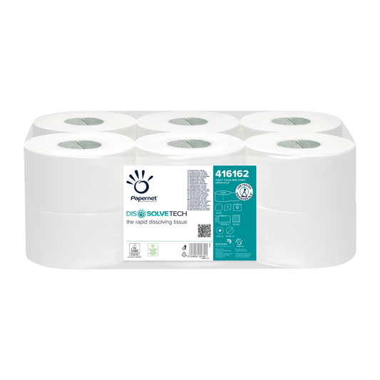 Eine Packung mit sechs Papernet Toilettenpapierrollen mit Dissolve Tech Technologie 416162, mit dem Logo von Dissolve Tech Toilettenpapier, gekennzeichnet als schnell auflösendes Papier. Jede Rolle ist einzeln in transparentem Kunststoff verpackt.