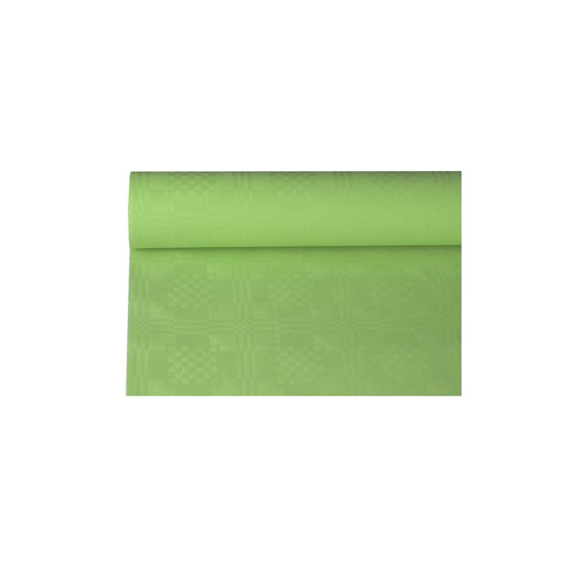 Το PAPSTAR χάρτινο τραπεζομάντηλο με ανάγλυφο σχέδιο δαμασκηνό της PAPSTAR GmbH, 8 μ x 1,2 μ, σε ανοιχτό πράσινο με διακριτικό καρό σχέδιο, προσδίδει κομψότητα σε κάθε διακόσμηση τραπεζιού. Το λείο χάρτινο τραπεζομάντηλο είναι μερικώς ξεδιπλωμένο, ώστε το σχέδιό του να αναδεικνύεται μπροστά σε ένα απλό λευκό φόντο.