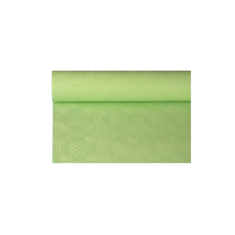 Ένας ρόλος του ανοιχτού πράσινου PAPSTAR τραπεζομάντηλου με ανάγλυφο δαμασκού της PAPSTAR GmbH με διαστάσεις 8 μ x 1,2 μ είναι εν μέρει ξετυλιγμένος, για να αναδείξει το λεπτό γεωμετρικό μοτίβο και να το κάνει ιδανικό για μια κομψή διακόσμηση τραπεζιού.