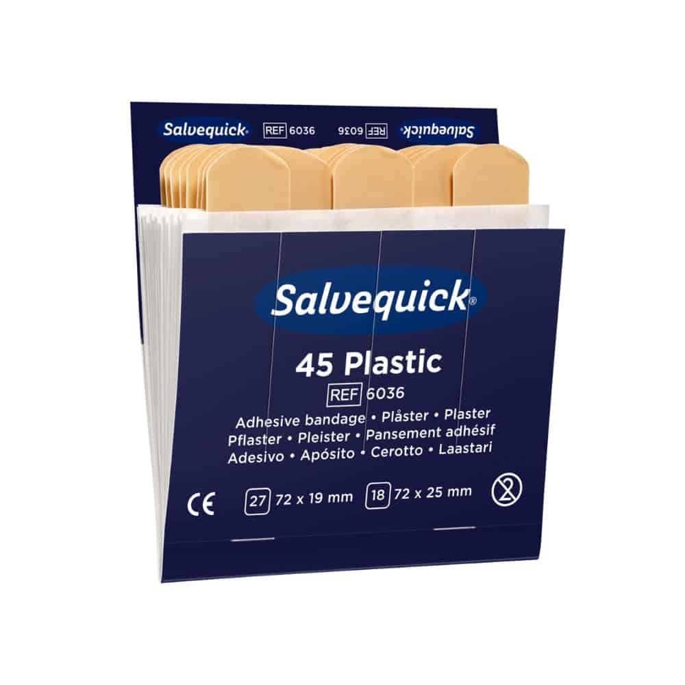 Ένα κουτί Holthaus Medical Salvequick® Nachfülleinsatz Plastic από την Holthaus Medical GmbH & Co. KG φέρει την εκτύπωση «45 Plastic» και περιέχει 45 πλαστικά τσιρότα σε δύο μεγέθη: 27 κομμάτια à 72 x 19 mm και 18 κομμάτια à 72 x 25 mm. Το μπλε-λευκό κουτί περιέχει πολυγλωσσικό κείμενο και επομένως είναι ιδανικό ως Salvequick Nachfülleinsatz.