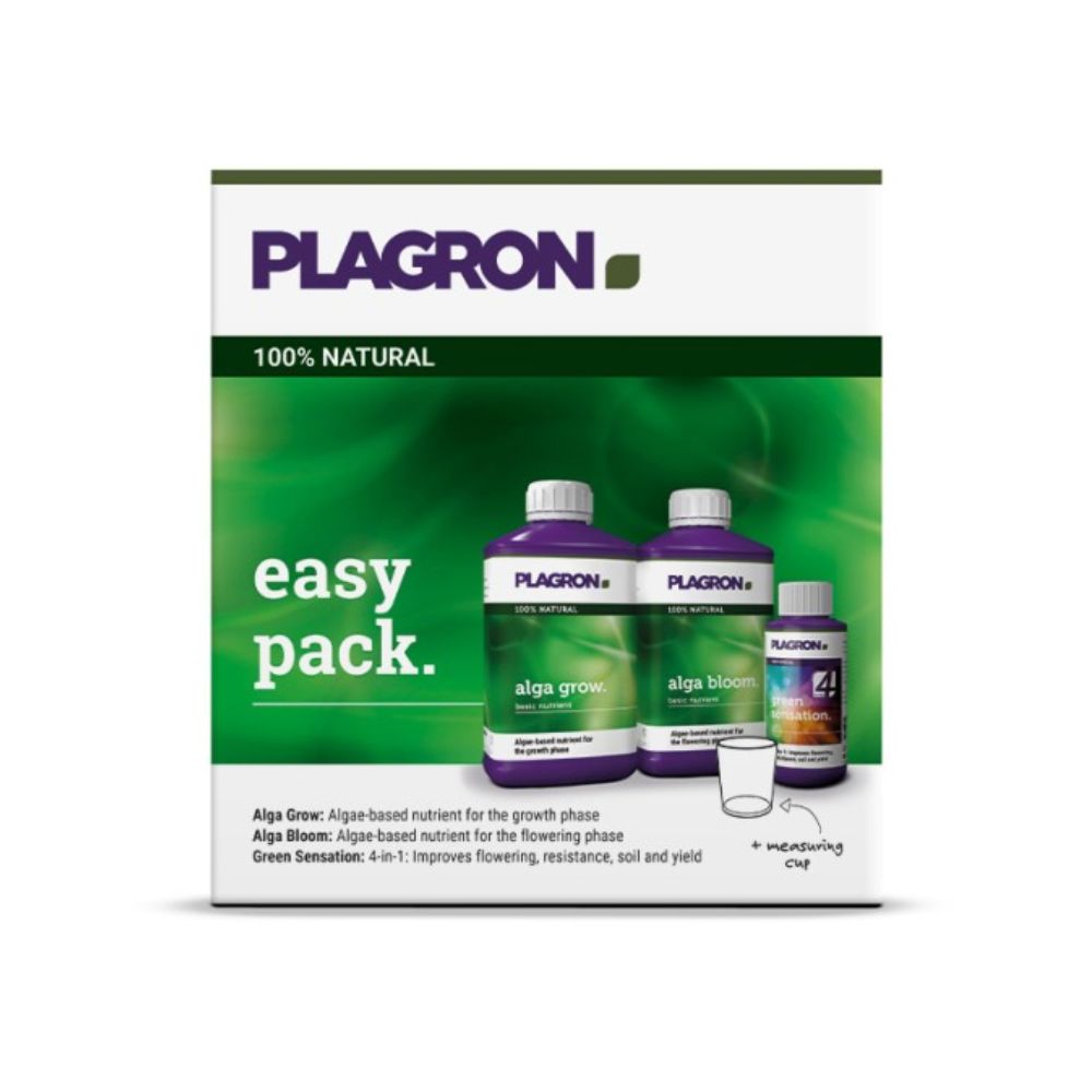 Το Plagron Easy Pack Natural της Bertels B.V. περιέχει τρία μπουκάλια με πράσινες και μοβ ετικέτες για «Alga Grow» και «Alga Bloom», καθώς και ένα μικρό δοσομετρητή. Χρησιμοποιεί οργανικά βασικά λιπάσματα και έτσι εξασφαλίζει ακριβή θρέψη φυτών σε μια συμπαγή συσκευασία.
